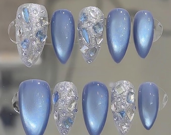 Metallic Blue Cat Eye Nails - Press On with Crystal Accents F1843