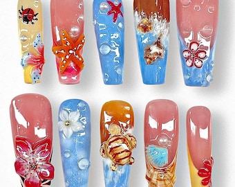 Ocean Beach Press On Nails, Starfish 3D Gel Nail Art F1459