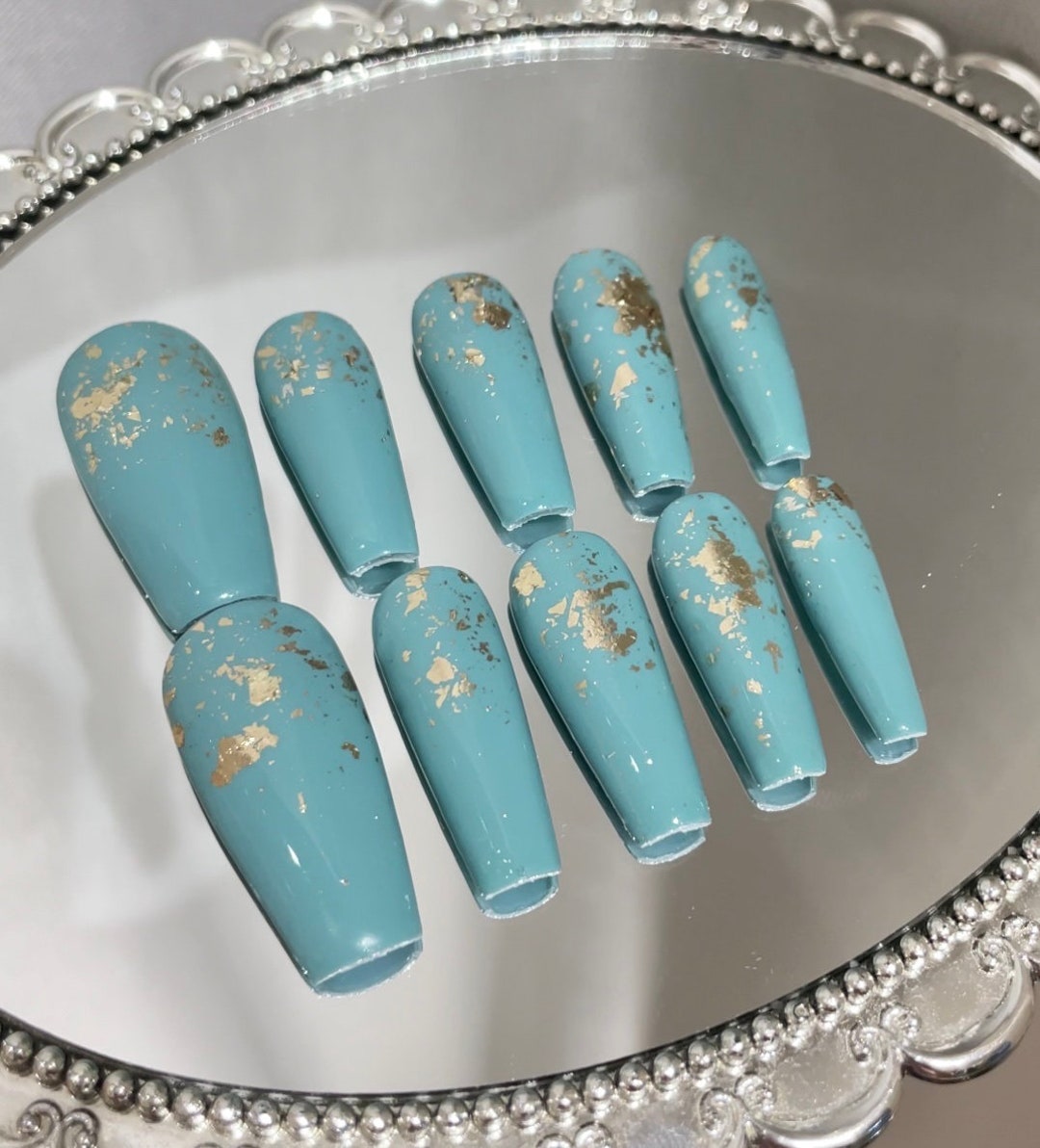 Jade Green With Gold Foil Acrylic Nails Almond Press on Nails Custom