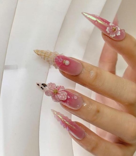 Pink Orchid Nails, Christmas Gift, Press On Nails, Floral Nails, 3D Gel Nails, Feral Nails, Mermaid Nails, Holiday Gift F927