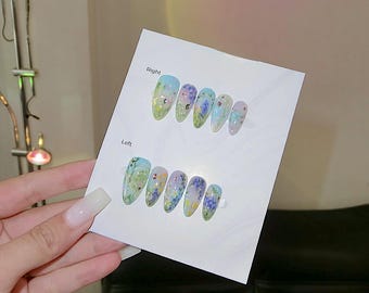 Pastel Meadow Crystal Press On Nails, Garden Bloom Nail Art F1259