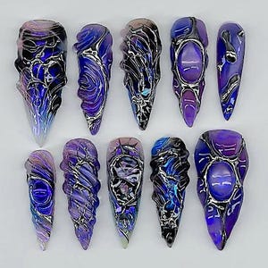 Midnight Galaxy Press-On Nails – Chrome, 3D Gemstone, Purple Ombre F1087