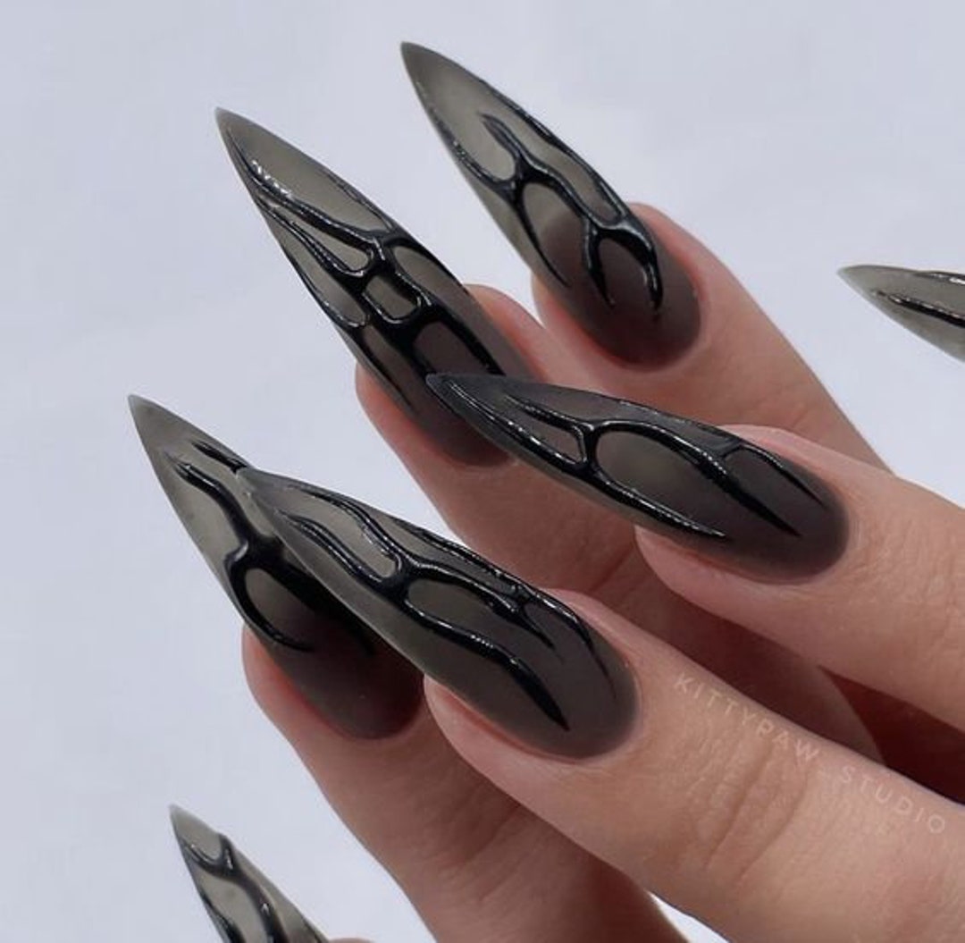 Black Jelly and Gel Lines Acrylic Nails Almond Press on - Etsy