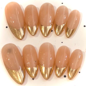 Gold French Press On Nails, Design Luxury Fake Nails, Almond Press On Nail, Art Nail Press On, Fake Nail, Glue On Nail N156