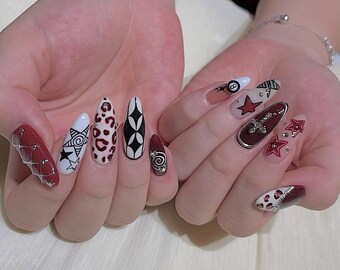 Red Black Star Leopard Press On Nails, Luxury Handmade Nail Art F1560