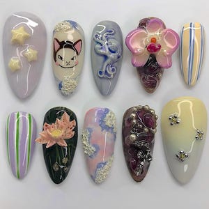 Eclectic Garden And Character Nails, Press On Nails, Handmade Art Nails, Fake Nails, Nail Art, Nail Polish, Mixed 3D Gel Nails F1380