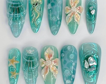Ocean Jellyfish Press On Nails, Mermaid 3D Gel Nail Art F1446
