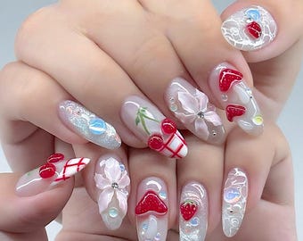 Strawberry Cherry 3D Bow Press On Nails, Handmade Summer Fruit Nail Art F1528