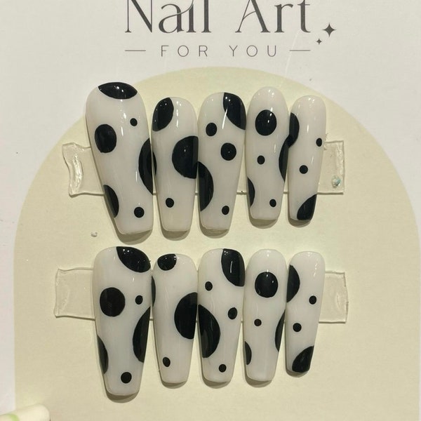 Polka Dots Press On Nails,Black Design Luxury Fake Nails,Stilletto Press On Nail, Art Nail Press On, Fake Nail, Glue On Nail N160