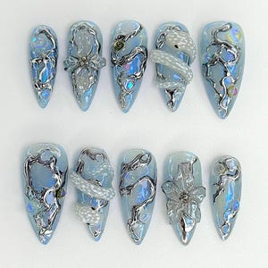 Ongles à presser 3D Silver Snake, Chrome bleu glacier, perle irisée hivernale F1657