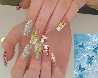 Royal Baroque Press On Nails, Gold Embossed Long Square Gel Nails F1567