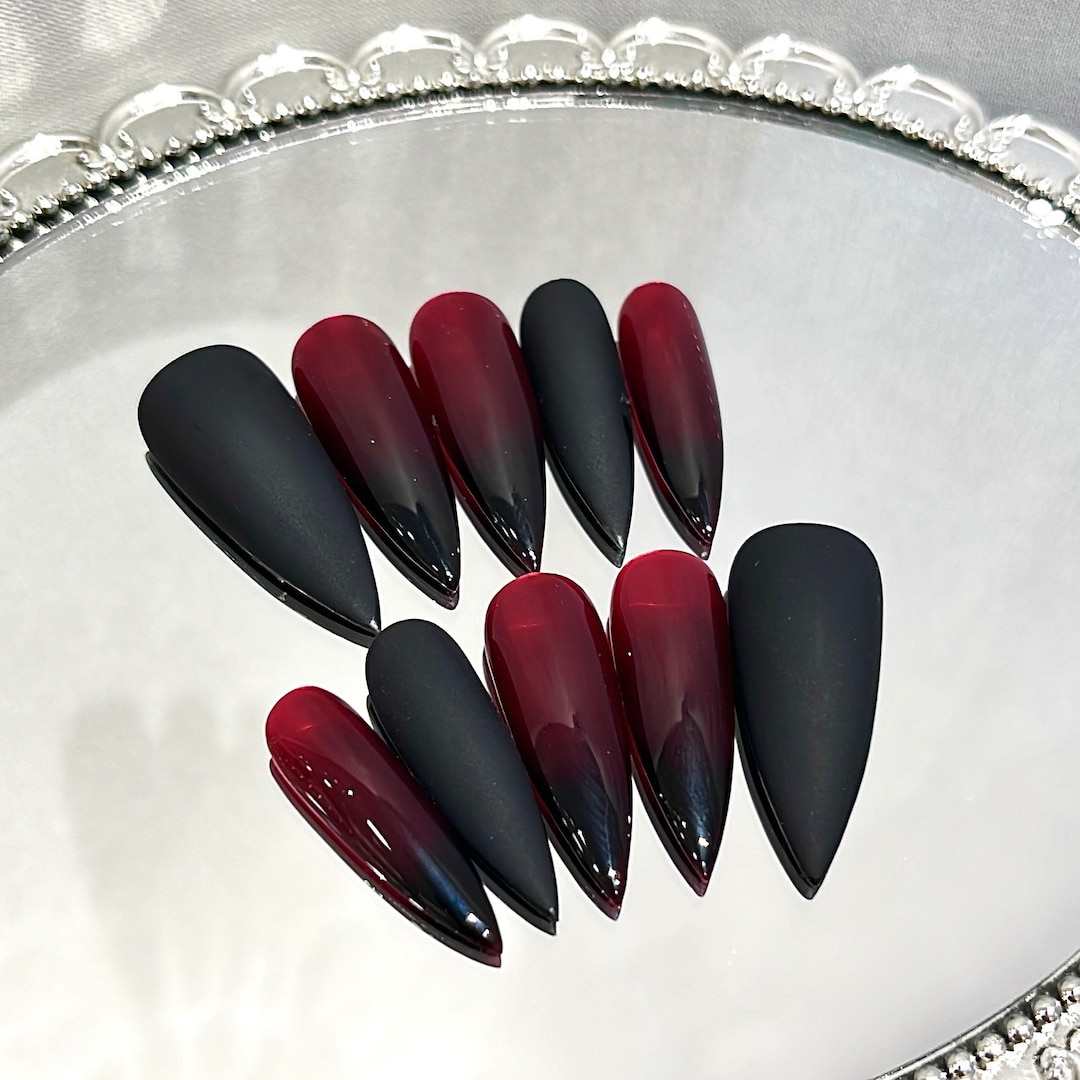 Black Red Ombre Press on Nails, Art Press on Nail, Stiletto Press on ...