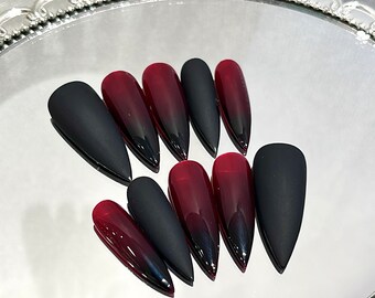 Black Red Ombre Press On Nails, Art Press On Nail, Stiletto Press On Nail, Art Nail Press On, Fake Nail, Glue On Nail N55