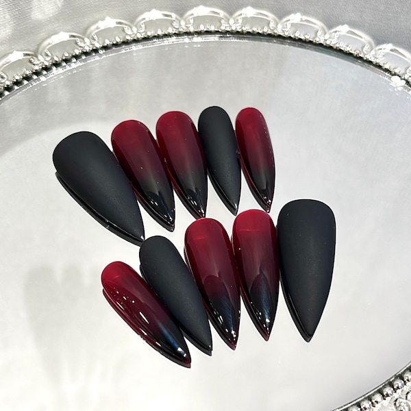 Black Red Ombre Press On Nails, Art Nail N55