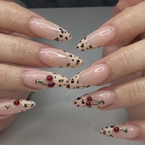 Cheetah French And Cherries Nails | | Free Style Press On Nails, Handmade Fake Nails Nails, Unique Nails | Custom Press On Nails - F303