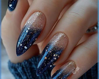 Handpainted Midnight Ombre Press On Nails, Glitter Chic False Nails F957
