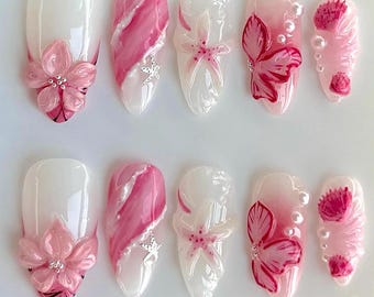 Pink Flower Press On Nails, 3D Gel Nail Art, Elegant Luxury Nails F1576