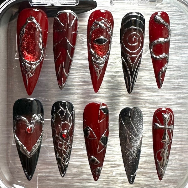 Red & Black Gothic Press On Nails | Hand Painted Gel, Chrome Accent F117