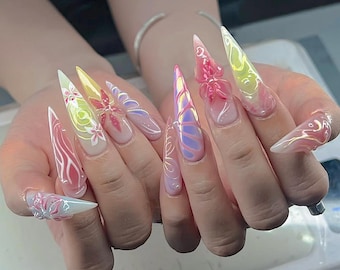 Aurora Flower And Fairy Light Nails, Press On Nails, Glossy Fantasy Nails, Fake Nails, Nail Art, Nail Polish, Shell 3D Gel Nails F1224