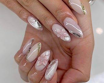 Handmade Pink Floral Press On Nails, Metallic Glitter Accent F1527