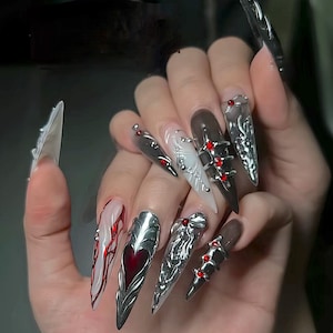 Gothic Chrome And Blood Nails, Press On Nails, Vampirecore Nails, Luxury Nails, Fake Nails, Nail Art, Nail Polish, Metallic 3DGelNails F1282