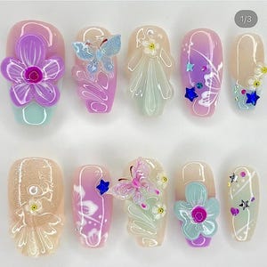 Pastel Butterfly And Floral Press On Nails, 3D Gel Nails, Kawaii Nails, Summer Nails, Fake Nails, Handmade Press Ons F1356