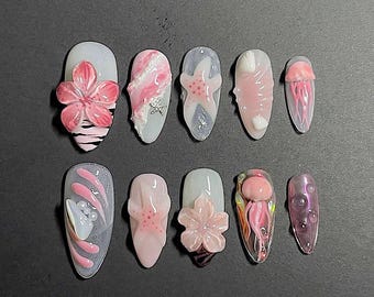 Ocean Bloom Jellyfish Press On Nails, Shell 3D Gel Nail Art F1170