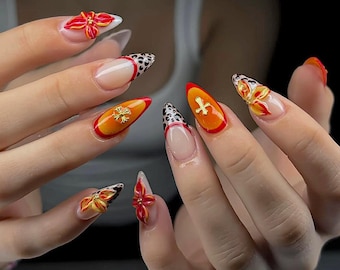 Tropical Floral Press On Nails, Red Orange Leopard Accent, Nail Art F1188