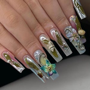 Snail Garden nails, Long Nails, Ballerina Nails, Green Garden Nails, Unique Flower Nails, Tropical nail, Summer Nail F710