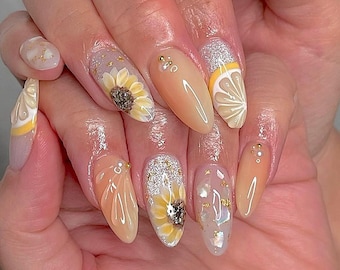 Uñas postizas con purpurina de girasol, punta francesa, gel con efecto 3D, elegantes uñas de verano F1506