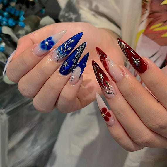 blue dress red nails and Floral Press on Nails, Luxury Star Nail Art F1466 Textured chiffon Mini length
