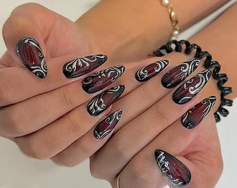Black Red Swirl Press On Nails, Gothic Vampire Style F1616
