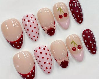 Cherry Red Press On Nails, Polka Dot Bow Accent, Girly False Nails F1651