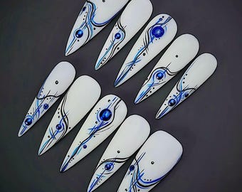 Blue Abstract Galaxy Stiletto Press On Nails, Handmade F1540