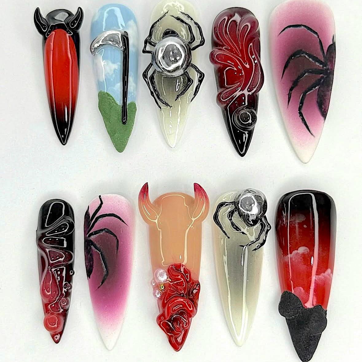 Dark Devil Spider Press on Nails, 3D Gothic Halloween False Nails