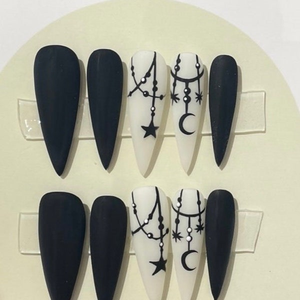 Black Star Moon Press On Nails, Heart Press On Nail, Square Press On Nail, Art Nail Press On, Fake Nail, Glue On Nail N40