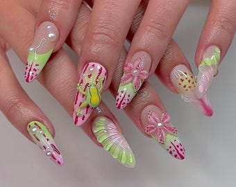 Uñas postizas con diseño floral de fresa, stiletto de lujo, uñas de frutas de verano F1509