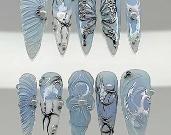 Blue Butterfly Press-On Nails – 3D Floral, Chrome Outline F1118