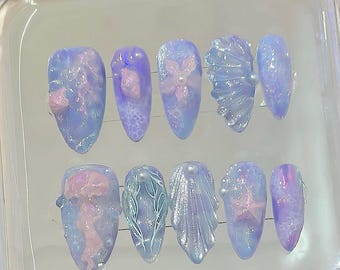Iridescent Ocean Press On Nails, Mermaid Shell 3D Gel Nail Art F1332