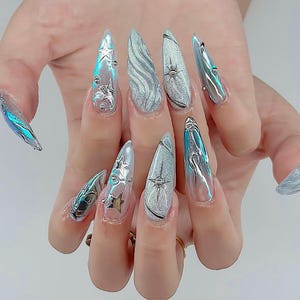 Chrome Silver Star Press On Nails, Futuristic 3D Gel Nail Art F1237