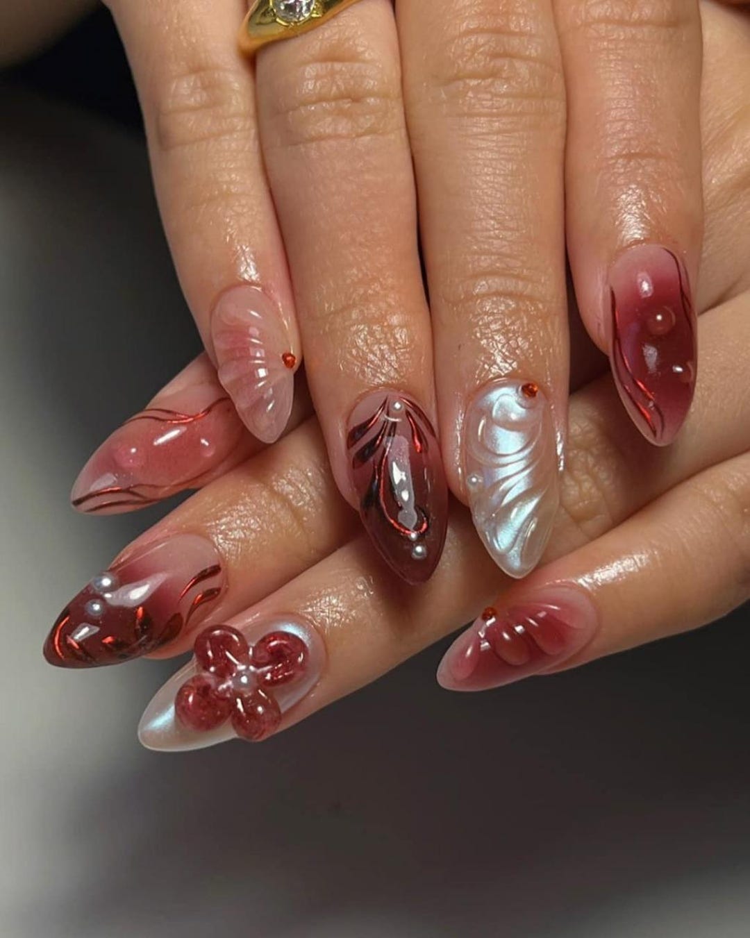 Red Gel Press on Nails | Silver Cherry Blossom Nail Art F182 - Etsy