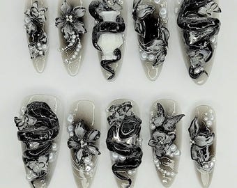 Black Snake Press On Nails, Gothic Pearl Flower, 3D Handmade F1517
