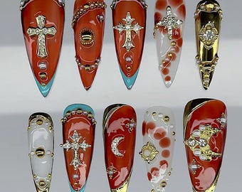 Red Gold Cross Stiletto Press On Nails, Pearl Embellished Gothic Glam Nails F1487