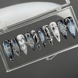 Star Chain Press On Nails, Almond, Chrome, Y2K Party Nails F861