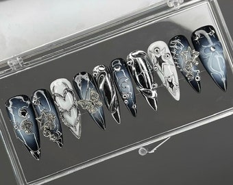 Star Chain Nails, Long Nails, Almond Nails, Press On Nails, Fake Nails, Chrome Nails, Y2K Nails, Party Nails, Unique Nails F861