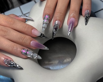 Y2K Chrome Metallic Gel Press On Nails - Elegant Design F219