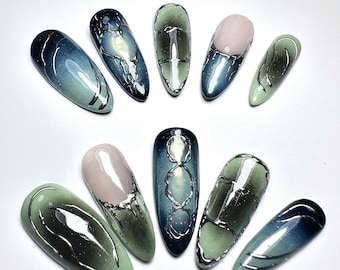 Dark Green Chrome Press On Nails | Handmade Freestyle Fake Nails F383