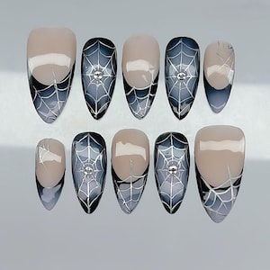 Spider Web Black Nails, Press On Nails, Gothic Nails, 3D Gel Nails, Spider Nails, Fake Nails, Nail Art, Nail Polish, Halloween Nails F1493