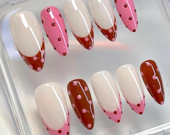 Pink and Brown Polka Dot Press On Nails, French Tip, Summer Nails F1503
