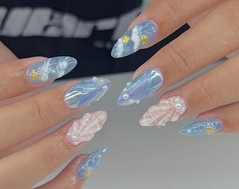 Blue Mermaid Press On Nails, 3D Shell Luxury Nail Art F1164